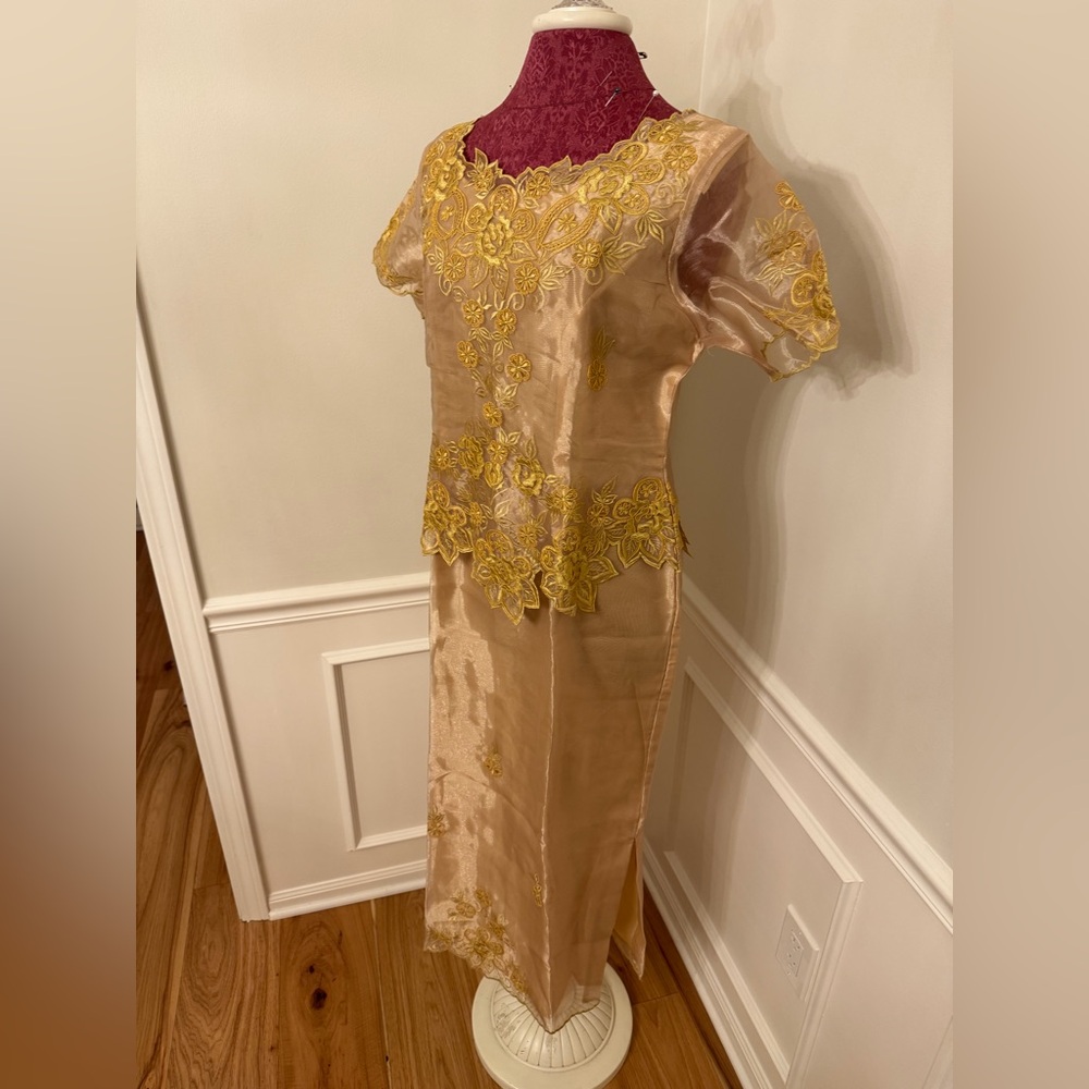 Elegant Gold Embroidered Filipiniana Dress
